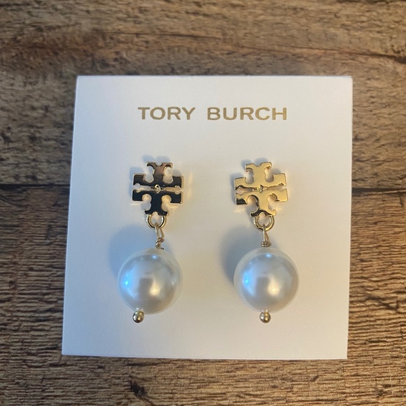 Tory Burch Golden T Logo White Pearl Earrings - Picture 1 of 3